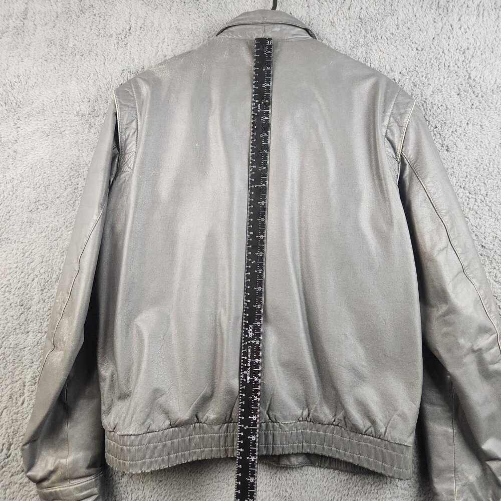Vintage Leather Bomber Jacket 40L Flight Moto Gray/Green Biker Removeable Liner - Picture 8 of 13